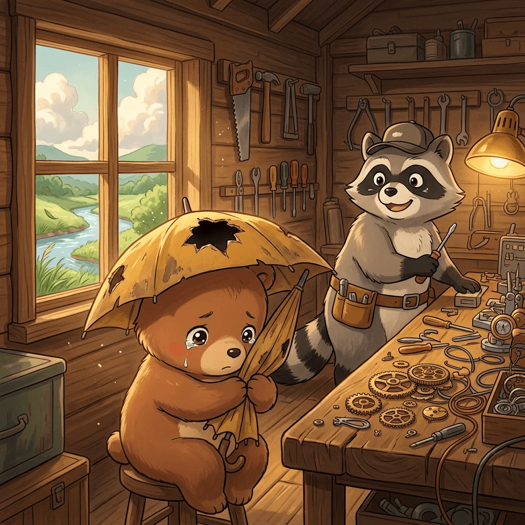 叮叮工具箱 破了洞的小雨傘 第 3 頁：妮妮把雨傘抱得緊緊的。