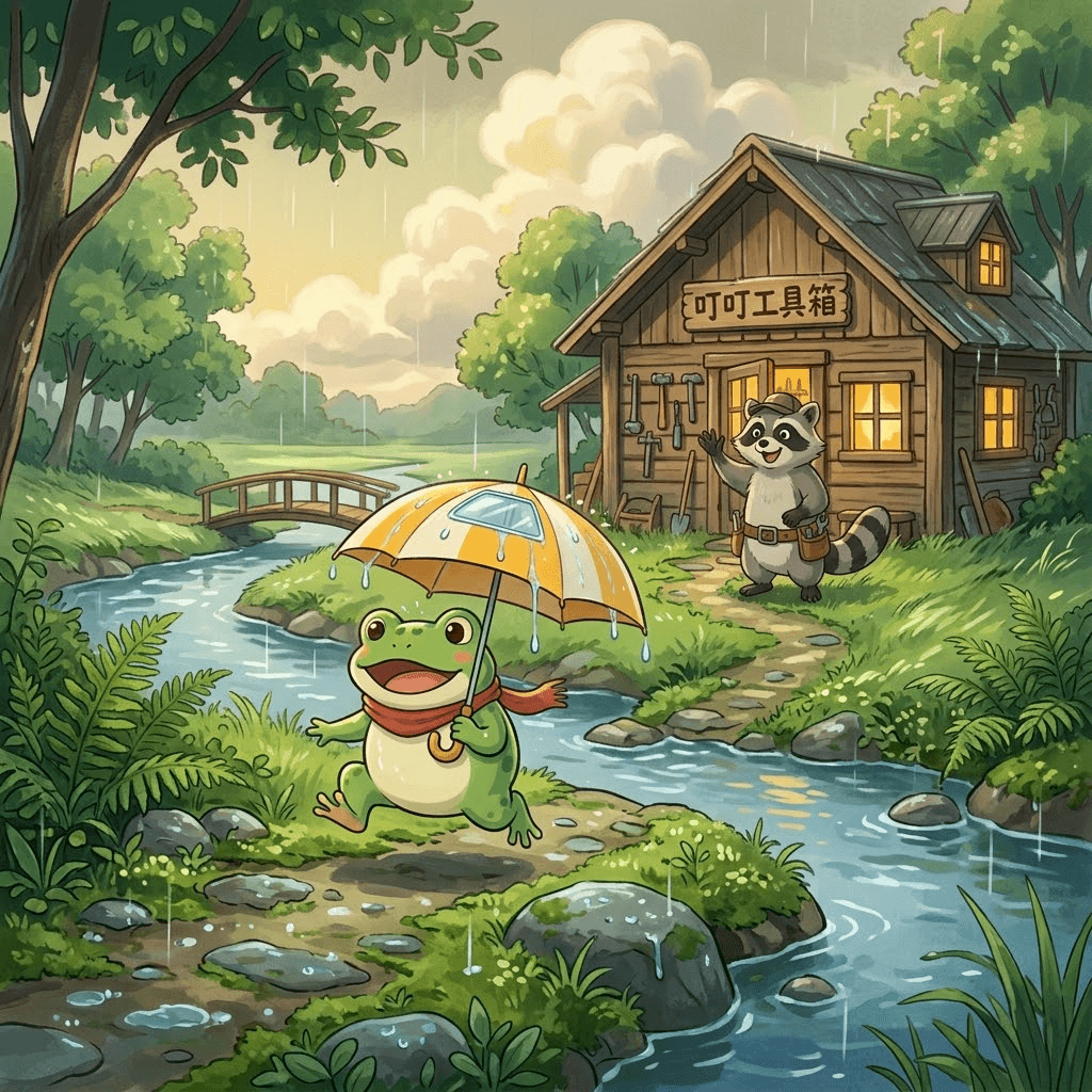 叮叮工具箱 破了洞的小雨傘 第 14 頁：妮妮撐著小雨傘，跳呀跳。