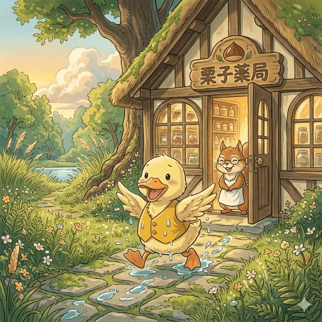 栗子藥局 不敢游泳的小鴨 第 12 頁:呱呱跑回藥局,全身濕答答的,但是笑得好大好大。